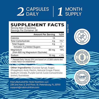 Magnesium Glycinate Gummies 600MG | Sleep, Calm & Relaxation Support | 60MG Elemental Mag Per Serving | Grape Flavor, Gluten-Free | High Absorption Magnesium Gummies for Women, Men & Family | 60 Ct