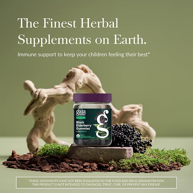 Gaia Herbs Black Elderberry Daily Gummies for Kids - Delicious Immune Support Supplement - Certified Organic Black Elderberries for Immune System Support* - 40 Vegan Gummies (40 Servings)