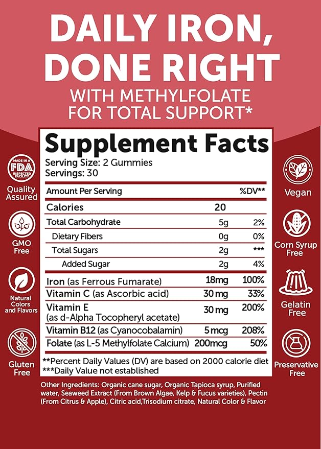 Lunakai USA Made Vegan Iron Gummies 5-in-1 with Methylfolate, Vitamin C, E & B12 - Daily Chewable Iron Supplement for Women, Men & Kids - Energy & Blood Health Support, Non-GMO, 60ct