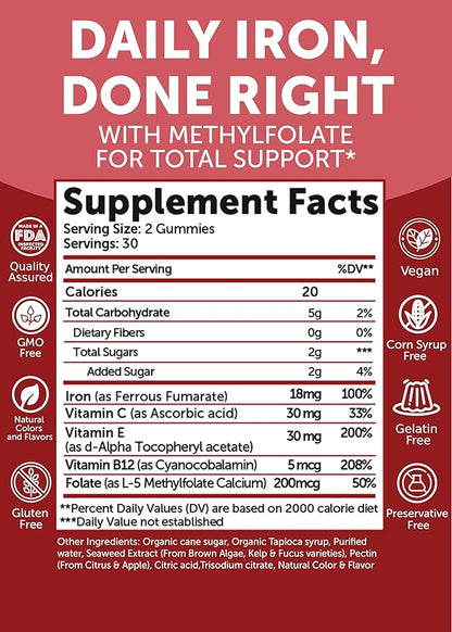 Lunakai USA Made Vegan Iron Gummies 5-in-1 with Methylfolate, Vitamin C, E & B12 - Daily Chewable Iron Supplement for Women, Men & Kids - Energy & Blood Health Support, Non-GMO, 60ct