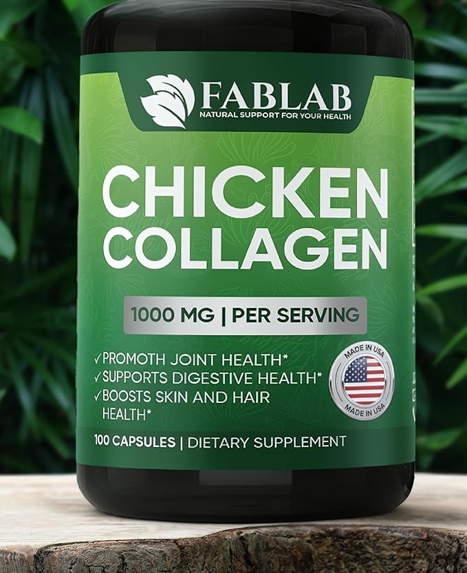 FabLab Chicken Sternum Cartilage Type II Collagen Capsules - Nutritional Supplement for Joints-1000mg per Serving - Non-GMO, Anti-Aging Dietary Product with Hydrolyzed Peptides- 100 Capsules