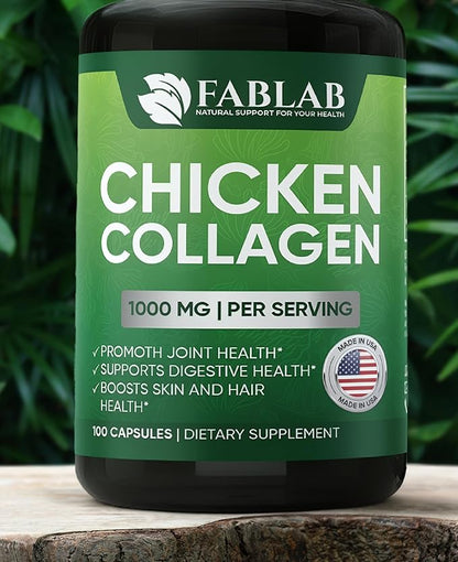 FabLab Chicken Sternum Cartilage Type II Collagen Capsules - Nutritional Supplement for Joints-1000mg per Serving - Non-GMO, Anti-Aging Dietary Product with Hydrolyzed Peptides- 100 Capsules
