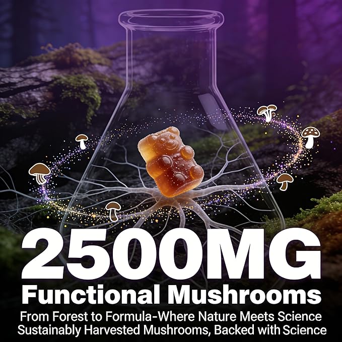 Organic Functional Mushroom Gummies with Ashwagandha | 2500MG | 20% More Gummies | Vegan, Gluten-Free, Non-GMO | 80 Count