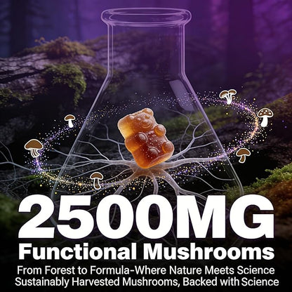 Organic Functional Mushroom Gummies with Ashwagandha | 2500MG | 20% More Gummies | Vegan, Gluten-Free, Non-GMO | 80 Count