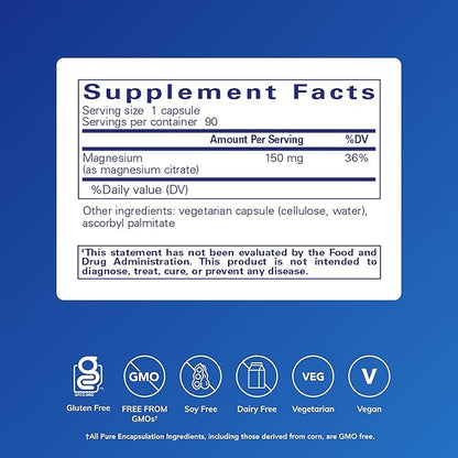 Pure Encapsulations Magnesium (Citrate) - Supplement for Sleep, Heart Health, Cognitive Health, Bone Health, Energy, Muscles, and Metabolism* - with Premium Magnesium - 90 Capsules