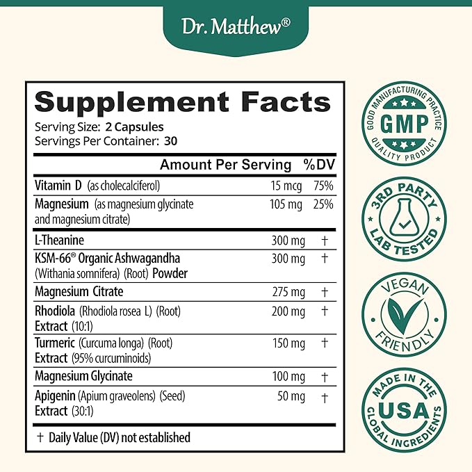 Cortisol Reducer & Adrenal Support Supplement–Natural Stress Relief with Ashwagandha KSM-66, Magnesium Glycinate & Citrate, L-Theanine, Rhodiola, Apigenin, Turmeric & Vitamin D3–Calm Mood & Relaxation