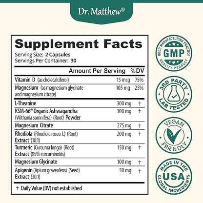 Cortisol Reducer & Adrenal Support Supplement–Natural Stress Relief with Ashwagandha KSM-66, Magnesium Glycinate & Citrate, L-Theanine, Rhodiola, Apigenin, Turmeric & Vitamin D3–Calm Mood & Relaxation