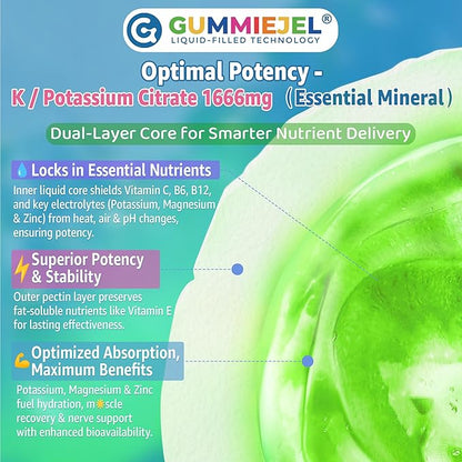 Potassium Citrate Gummies 1666mg for Adults - Potassium Supplement, Magnesium Glycinate, Zinc, B6, B12 & C – Electrolyte Gummies for Energy, Recovery & Leg Cramps, Vegan 120 Cts