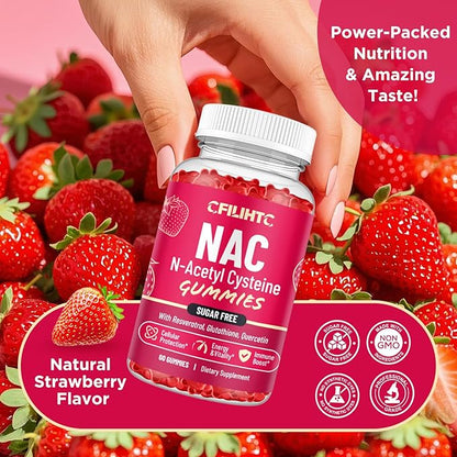 CFILIHTC (2 Pack) NAC Gummies 600mg, N Acetyl Cysteine Supplement with Glutathione, Resveratrol, Magnesium, CoQ10, NAC Chewable for Antioxidants & Immune Support, Strawberry Flavor 120 Gummies