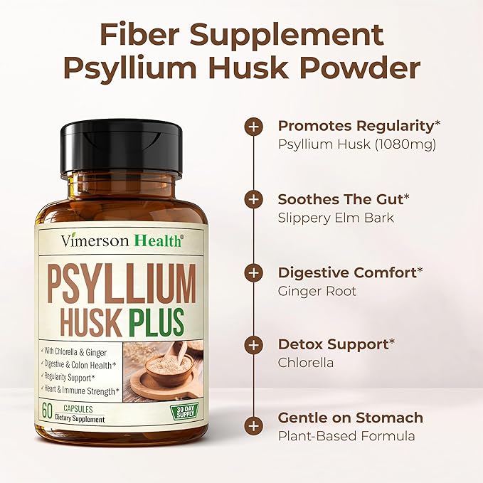 Fiber Supplement with 1080mg Psyllium Husk Powder, Slippery Elm for Women & Men, Ginger Root – High Fiber Pills for Regularity, Digestive & Gut Health – Gentle on Stomach 60 Psyllium Husk Capsules