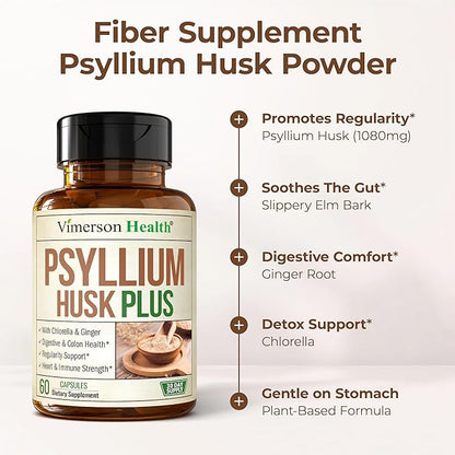 Fiber Supplement with 1080mg Psyllium Husk Powder, Slippery Elm for Women & Men, Ginger Root – High Fiber Pills for Regularity, Digestive & Gut Health – Gentle on Stomach 60 Psyllium Husk Capsules