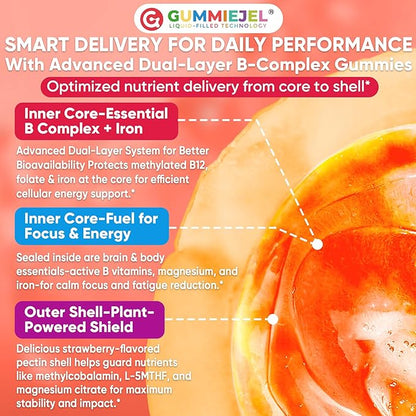 Methylated Vitamin B Complex Gummies for Women & Men, High Dose 2000 mcg Methyl B12, Liposomal Super All B Vitamins Methylfolate, B1, B2, B3, B5, B6, B7, Vitamin C, Choline for Energy, Focus, 60Counts