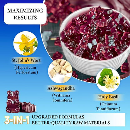 duwhot St John's Wort Gummies 600mg, 3 in 1 Organic Herbal Supplements for Stress Relief, Nervous System Support, with Ashwagandha & Holy Basil Extract for Adults & Kids, Non-GMO, Vegan, 60 ct.