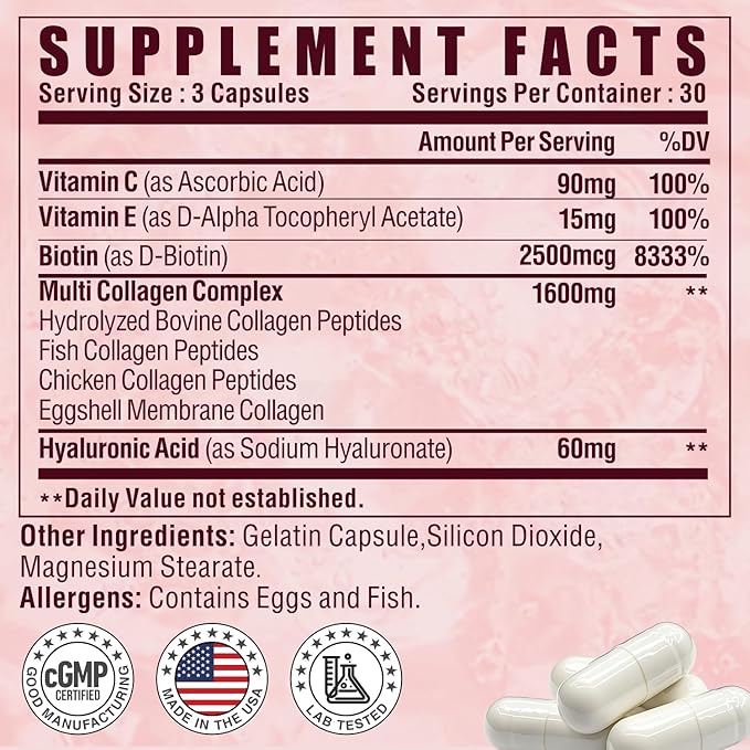 Multi Collagen Peptides Capsules, Type I, II, III, V, X with Vitamin C, E & Hyaluronic Acid | Hair, Skin, Nail & Joint Support | Unflavored, Non-GMO, Easy to Swallow - 90 Count