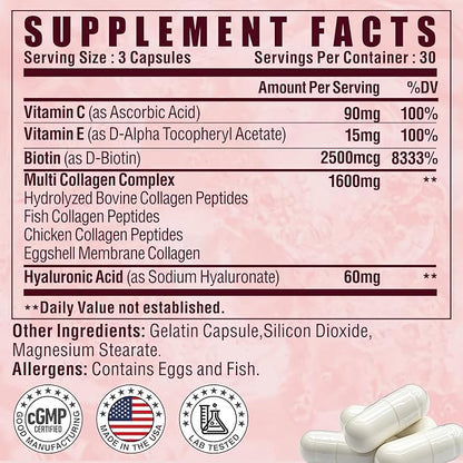 Multi Collagen Peptides Capsules, Type I, II, III, V, X with Vitamin C, E & Hyaluronic Acid | Hair, Skin, Nail & Joint Support | Unflavored, Non-GMO, Easy to Swallow - 90 Count