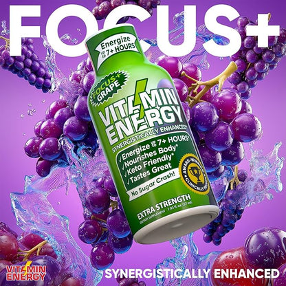 Vitamin Energy Focus+ Extra Strength Energy Shot Grape 12 Pack, 260mg Natural Caffeine, B-Vitamins, CoQ10, Amino Acids, Focus, Productivity & Clarity, Zero Sugar, Gluten-Free, 1.93 fl oz