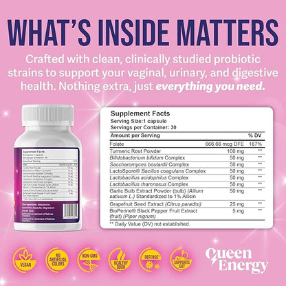 Queen Energy Vaginal Probiotic – Supports pH Balance, Odor Control & Digestive Health – 30 Capsules