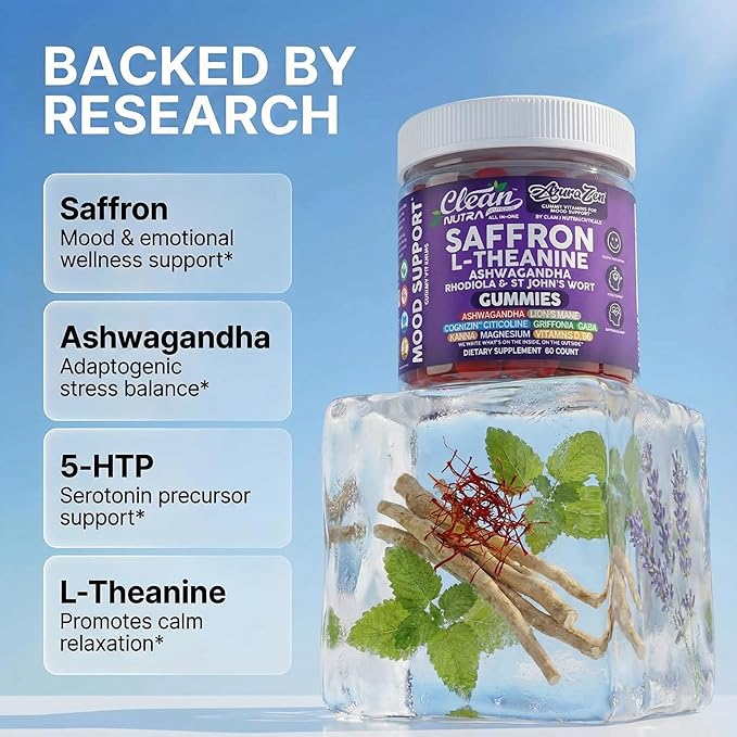 AuraZen Mood Support Saffron Gummies L-Theanine Ashwagandha Rhodiola St John's Wort Lions Mane GABA Vitamin D Magnesium Supplement | Calm Vegan Plant-Based Herbal Gummy By Clean Nutra