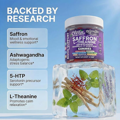 AuraZen Mood Support Saffron Gummies L-Theanine Ashwagandha Rhodiola St John's Wort Lions Mane GABA Vitamin D Magnesium Supplement | Calm Vegan Plant-Based Herbal Gummy By Clean Nutra
