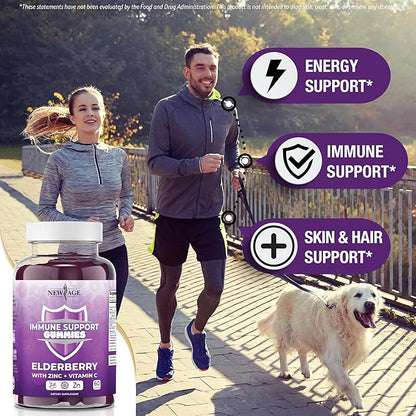 NEW AGE Immune System Support Gummies - Sambucus Black Elderberry Gummies with Vitamin C and Zinc (180 Count (Pack of 3))