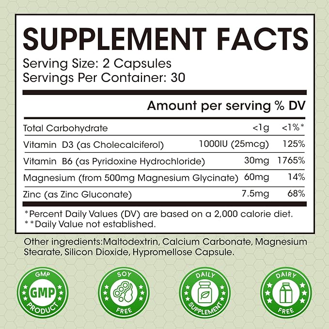 Magnesium Glycinate Capsules, Magnesium Glycinate Supplement with Zinc, Vitamin D3 & B6 - Promotes Nerve, Bowel, Relaxation Function - 60 Vegan Capsules