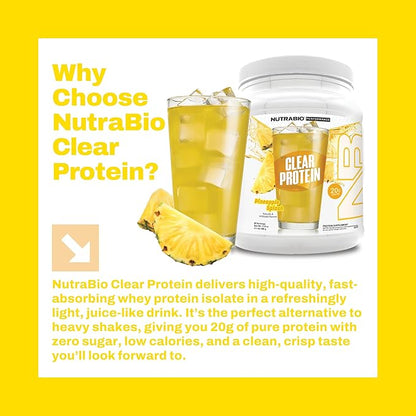 NutraBio Clear Protein Powder, Pineapple Splash - 20 Servings, 20g Clear Whey Protein Isolate, 0 Sugar, 0g Lactose, Refreshing Fruit Flavors, GLP1 Support - Bone Health - Muscle Post Workout Recovery