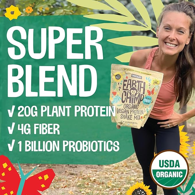 EarthChimp Organic Vegan Protein Powder - with Probiotics - Non GMO, Dairy Free, Non Whey, Plant Based Protein Powder for Women and Men, Gluten Free - 52 Servings, 64 Oz (Plain & Unsweetened)