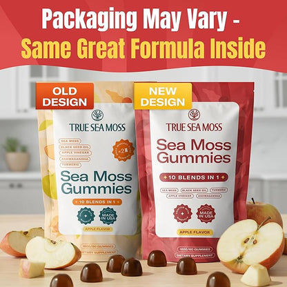 TrueSeaMoss Sea Moss & Apple Cider Vinegar Gummies – 10-in-1 Blend with Black Seed Oil, Ashwagandha, Turmeric, Burdock Root & Bladderwrack – 60 Gummies