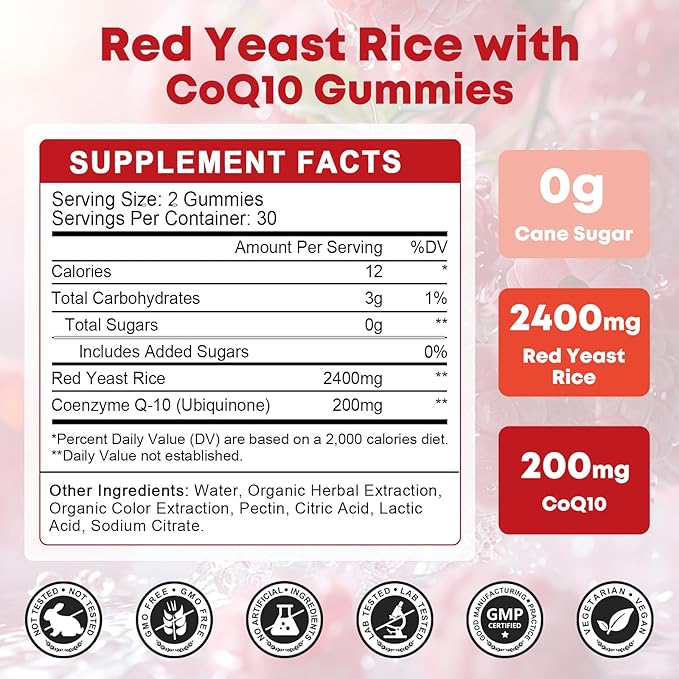 GORNVB Red Yeast Rice with Coq10 Gummies, Red Yeast Rice 2400 mg with CoQ10 200 mg for Cholesterol Lowering Supplements, Sugar Free, Non-GMO, Vegan Heart Health Support – 60 Counts