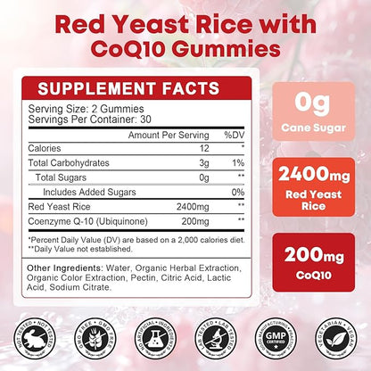 Red Yeast Rice with Coq10 Gummies, Red Yeast Rice 2400 mg with CoQ10 200 mg for Cholesterol Support, Heart Health Supplement, Sugar Free, Non-GMO, Vegan – 120 Counts