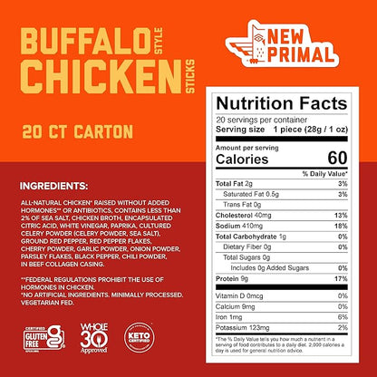 New Primal Buffalo Chicken Sticks, Keto, Gluten Free Healthy Snacks, Sugar Free Low Carb High Protein, Jerky Meat Stick, 9g Protein, 20 Ct