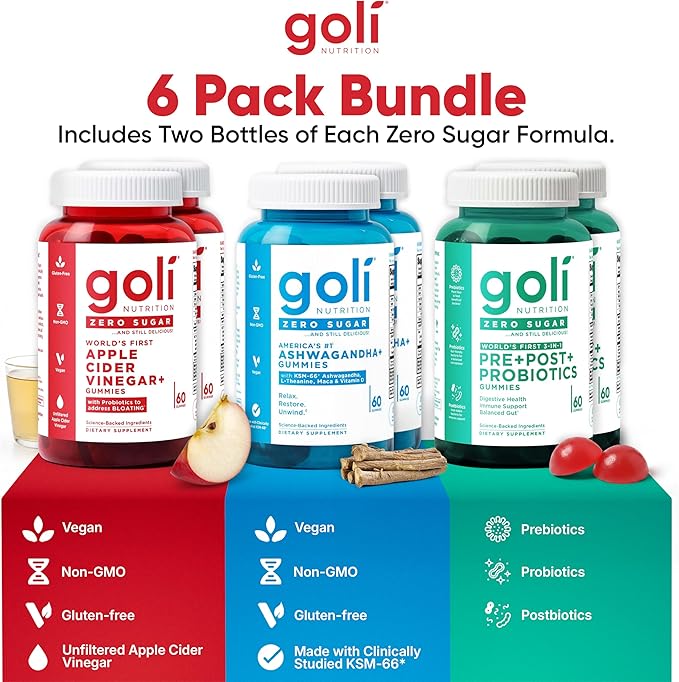 Goli Zero Sugar 6 Pack Bundle - World's First 3-in-1 Pre, Post, Probiotic, Apple Cider Vinegar with Vitamin B12 and Probiotics to Address Bloating, Ashwagandha & L-Theanine, Vitamin D Gummies