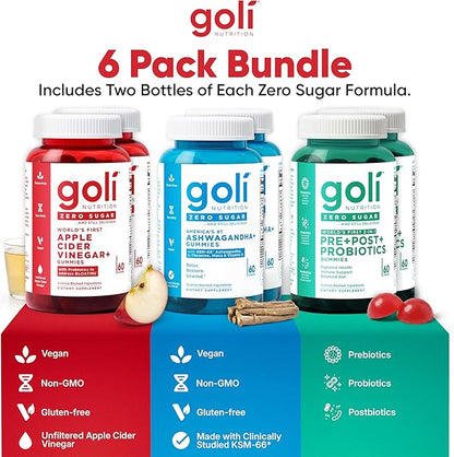 Goli Zero Sugar 6 Pack Bundle - World's First 3-in-1 Pre, Post, Probiotic, Apple Cider Vinegar with Vitamin B12 and Probiotics to Address Bloating, Ashwagandha & L-Theanine, Vitamin D Gummies