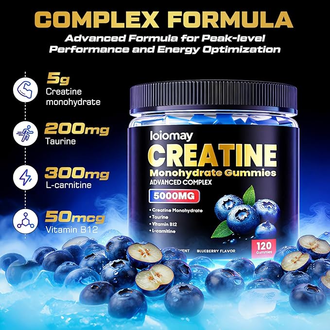 Creatine Gummies for Men & Women, 5-in-1 Complex with Taurine, L-Carnitine, Vitamin B12 & B6 Support Muscle, Strength & Recovery, 5g Creatine Monohydrate Gummies Post & Pre Workout Supplements, 120 Ct