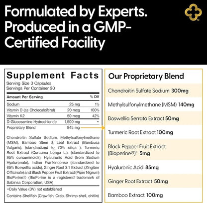 Glucosamine Chondroitin MSM All-in-One Joint Support Supplement Turmeric, Hyaluronic Acid, Boswellia, Ginger Root, Bamboo, BioPerine, Black Pepper, Supports Joint Health & Flexibility 90 Count