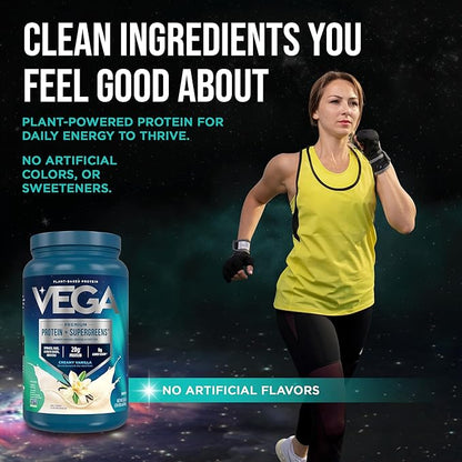 Vega Premium Protein + Supergreens - 20g Protein, Creamy Vanilla, 25 Servings, Spinach,Kale, Alfalfa Grass, Broccoli, 0g Added Sugar, Non-GMO, Gluten Free, Dairy Free, 1.68 lbs (Packaging May Vary)