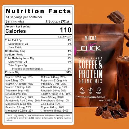 Click Coffee Protein, Protein & Real Coffee All-in-One, Meal Replacement Nutrition Drink, Mocha Flavor, 23 Essential Vitamins, Double Shot Espresso Coffee, Hot or Cold, 15.8-Ounce