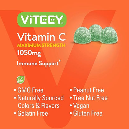 Viteey Chewable Vitamin C Gummies for Adults - 1050mg Maximum Strength Immune Support Supplement - Vegan, Gluten Free - 180 Count