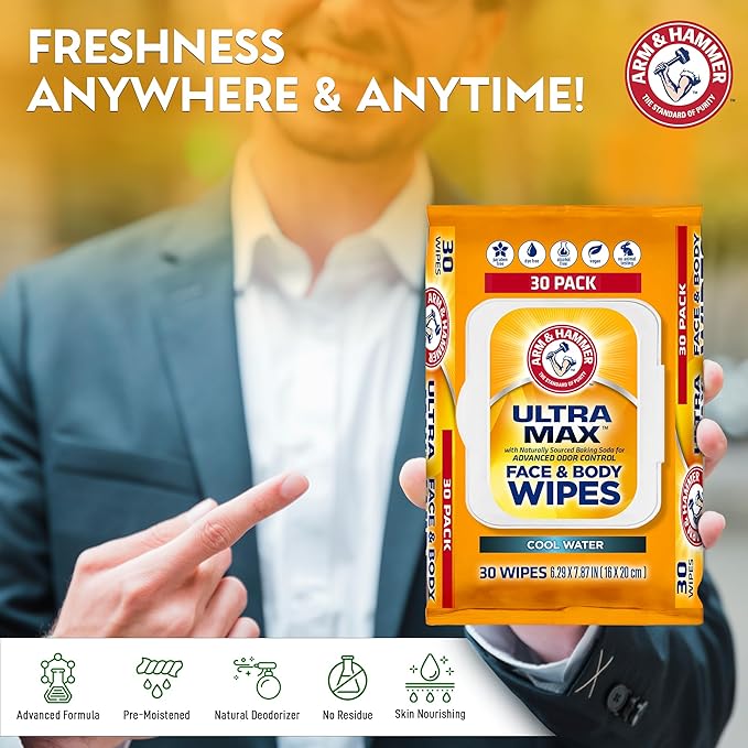Arm and Hammer Face and Body Wipes for Adults - Deodorant Towelettes 30 Wipes for Men - Shower Sheets for Traveling, Camping, Gym, and Bathing - Alcohol-Free Face Sheets (Cool Water)