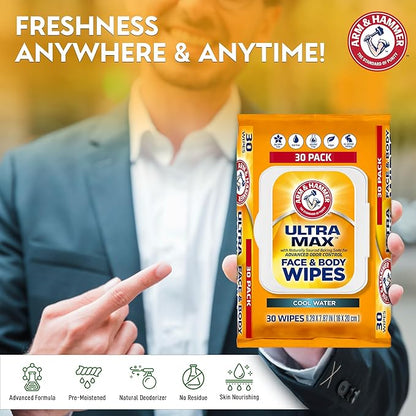 Arm and Hammer Face and Body Wipes for Adults - Deodorant Towelettes 30 Wipes for Men - Shower Sheets for Traveling, Camping, Gym, and Bathing - Alcohol-Free Face Sheets (Cool Water)