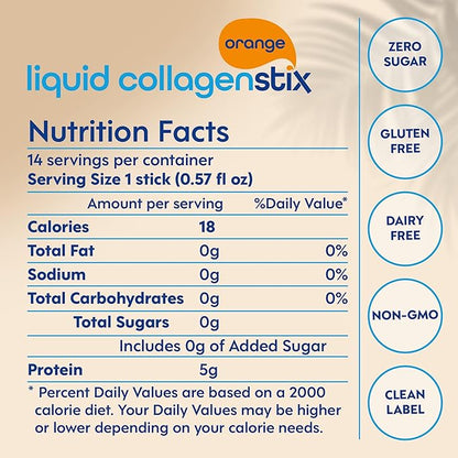 Hydrolyzed Liquid Collagen Peptides for Women & Men - Grass-Fed Bovine Protein Supplement for Hair Growth, Skin and Nails (Pack of 14, Orange)