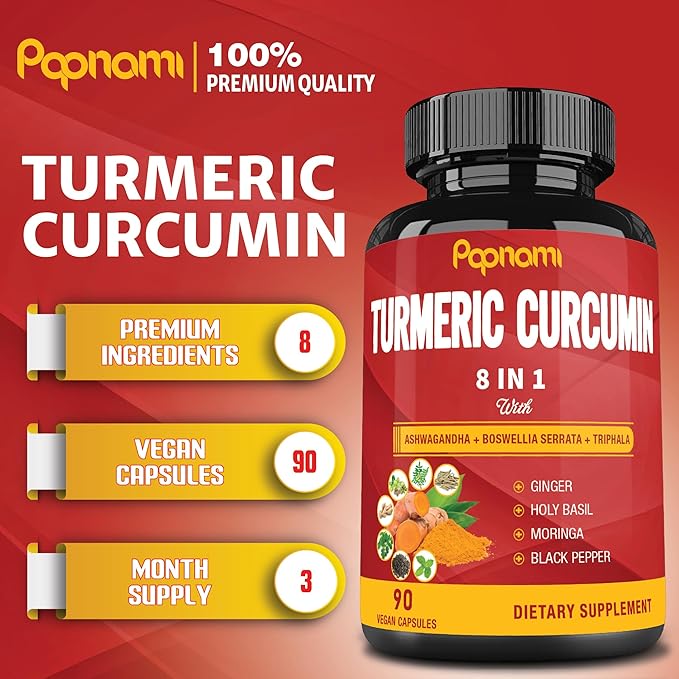 Turmeric Curcumin Extract Capsules - 90 Counts 3 Month Supply - Blended Ashwagandha, Moringa, Ginger & More - Immunity, Joint, Digestive & Wellness Support