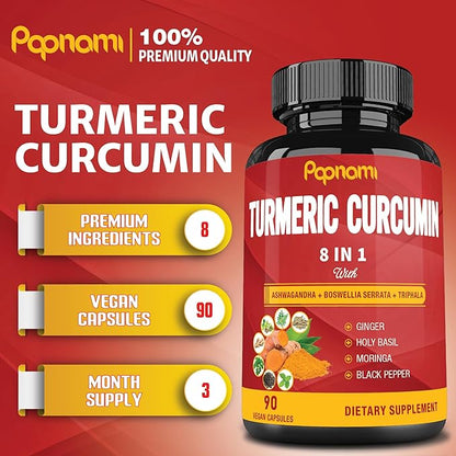 Turmeric Curcumin Extract Capsules - 90 Counts 3 Month Supply - Blended Ashwagandha, Moringa, Ginger & More - Immunity, Joint, Digestive & Wellness Support