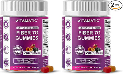 Vitamatic Prebiotic Fiber Gummies for Adults, 7G Extra Strength, Zero Sugar Added, 240 Pectin Based Gummies, Digestive Health & Regularity Support (Pack of 2)