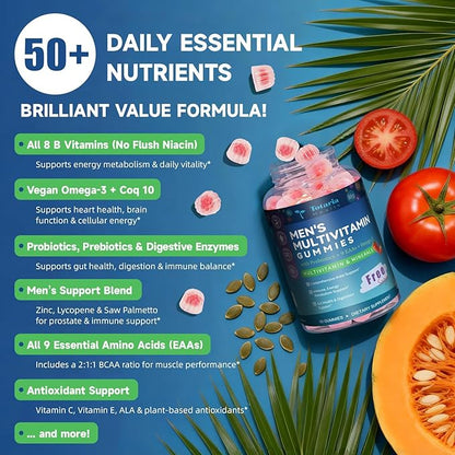 Totaria 2 Packs Sugar Free Multivitamin for Men with Omega 3, Probiotics, Mens Multivitamins Gummies w/Methylated B Complex, BCAA, Lycopene, Zinc, for Daily Energy, Immune, Heart, Iron Free
