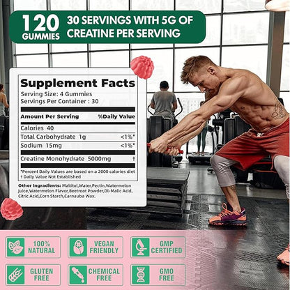 NSF Certified Creatine Gummy 5g - Creatine Monohydrate Gummies for Men & Women, Creatine Monohydrate for Muscle Strength, Muscle Builder, Energy Boost, Pre-Workout Supplement(120 Count)-Watermelon