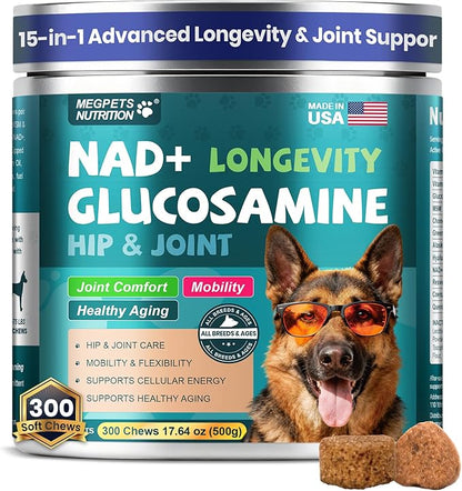 NAD+ Glucosamine for Dogs Hip and Joint Supplement - 300 Soft Chews - Advanced Mobility Support with MSM, Chondroitin, Resveratrol & CoQ10 - Healthy Aging & Vitality