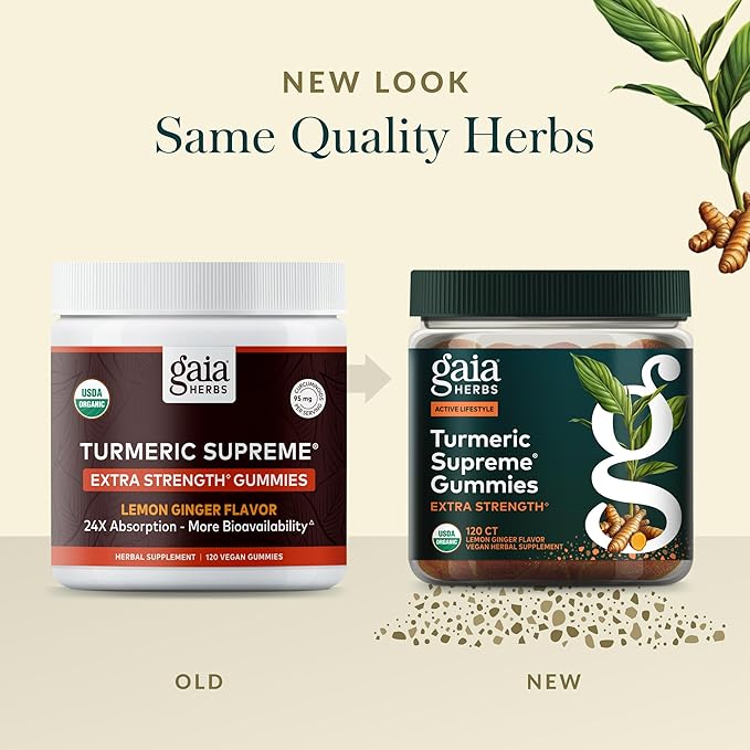 Gaia Herbs Turmeric Supreme Gummies Extra Strength - Supports Healthy Inflammatory Response in Healthy Individuals* - Lemon Ginger Flavor - 120 Vegan Organic Gummies (40 Servings)
