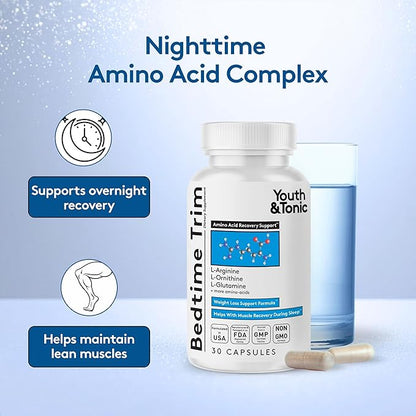 Youth & Tonic PM Bedtime Trim for Lean Appearance & Muscle Definition Support – Nighttime Amino Acids Supplement for Overnight Recovery, Men & Women, 30 Capsules