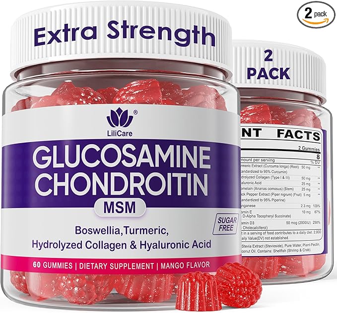 Glucosamine Chondroitin Gummies, Sugar Free Glucosamine Chondroitin MSM Supplement, Extra Strength with Boswellia Turmeric, Hydrolyzed Collagen & Hyaluronic Acid, Bone Health for Men & Women, 120 Cts